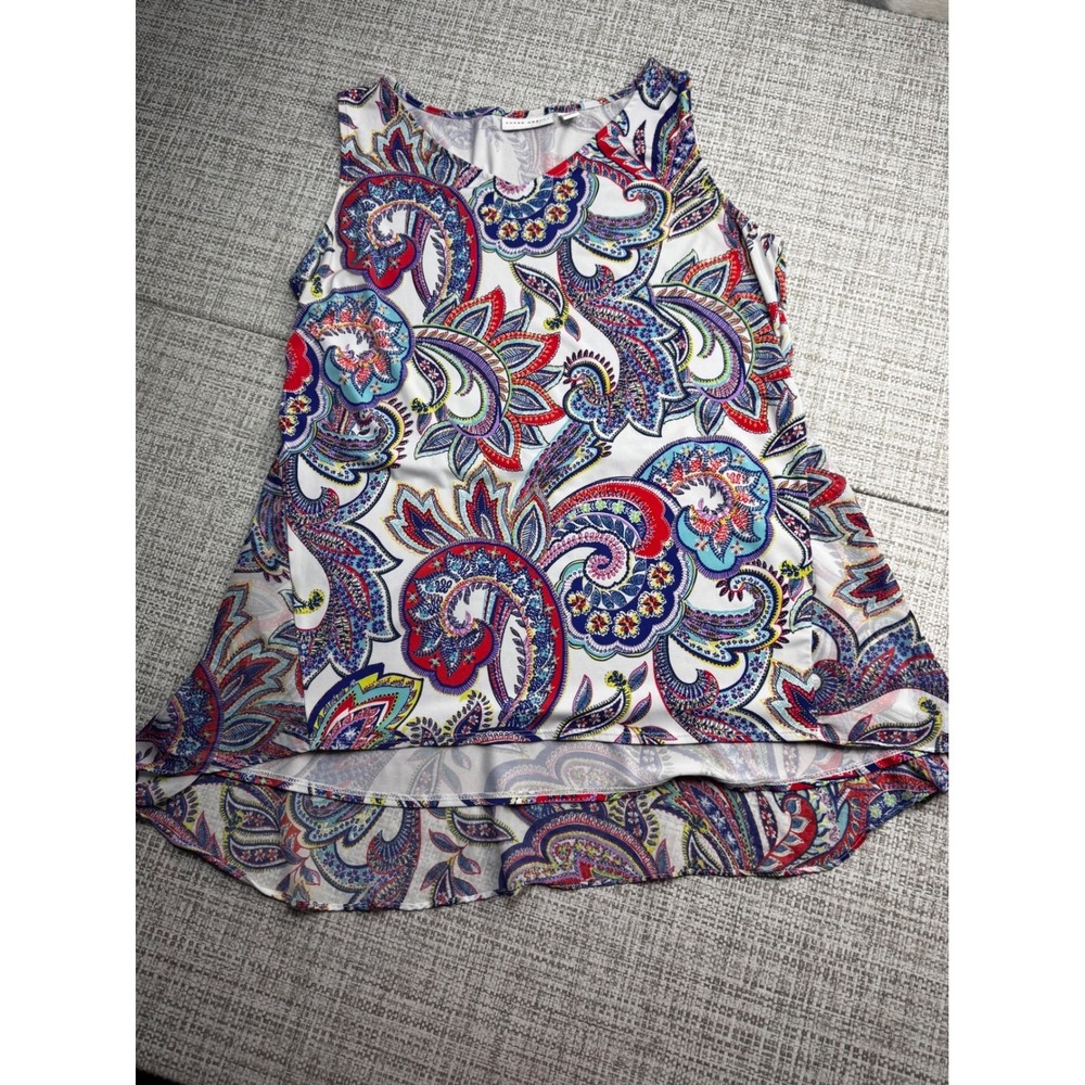 Susan Graver Liquid Knit Popover Sleeveless Top Paisley Tiered Ruffle Hem Size M - Picture 8 of 11